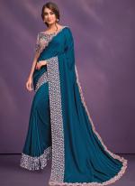 Silk Georgette Teal Blue Wedding Wear Embroidery Work Saree